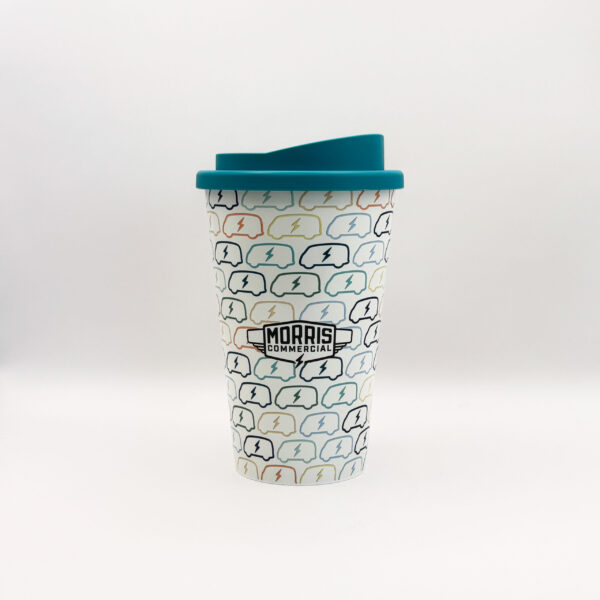The Morris Commercial Pink Travel Cup. The eco-friendly travel cup for hot drinks is decorated with the Morris JE Electric Van. 