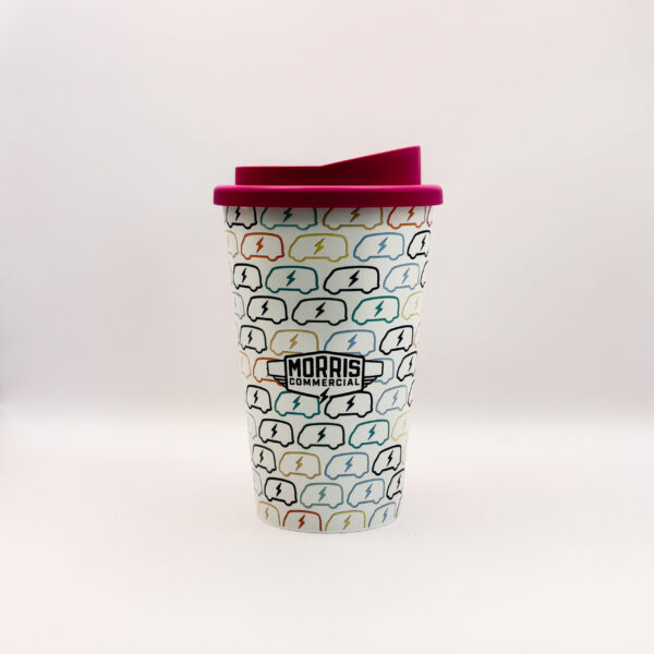 The Morris Commercial Pink Travel Cup. The eco-friendly travel cup for hot drinks is decorated with the Morris JE Electric Van. 