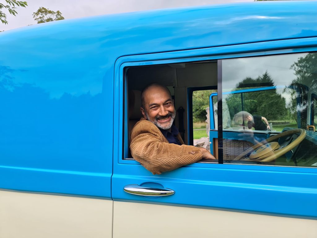Rajan Datar in the Morris JE1 as part of filming for the Travel Show on the BBC