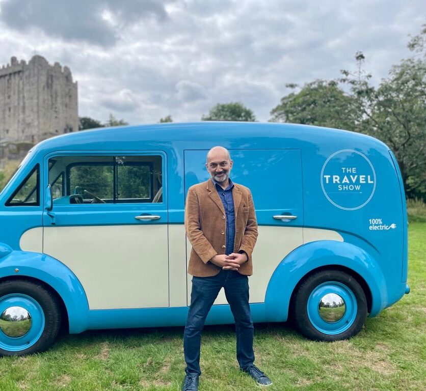 Rajan Datar with the Morris JE1 as part of the Travel Show Filming