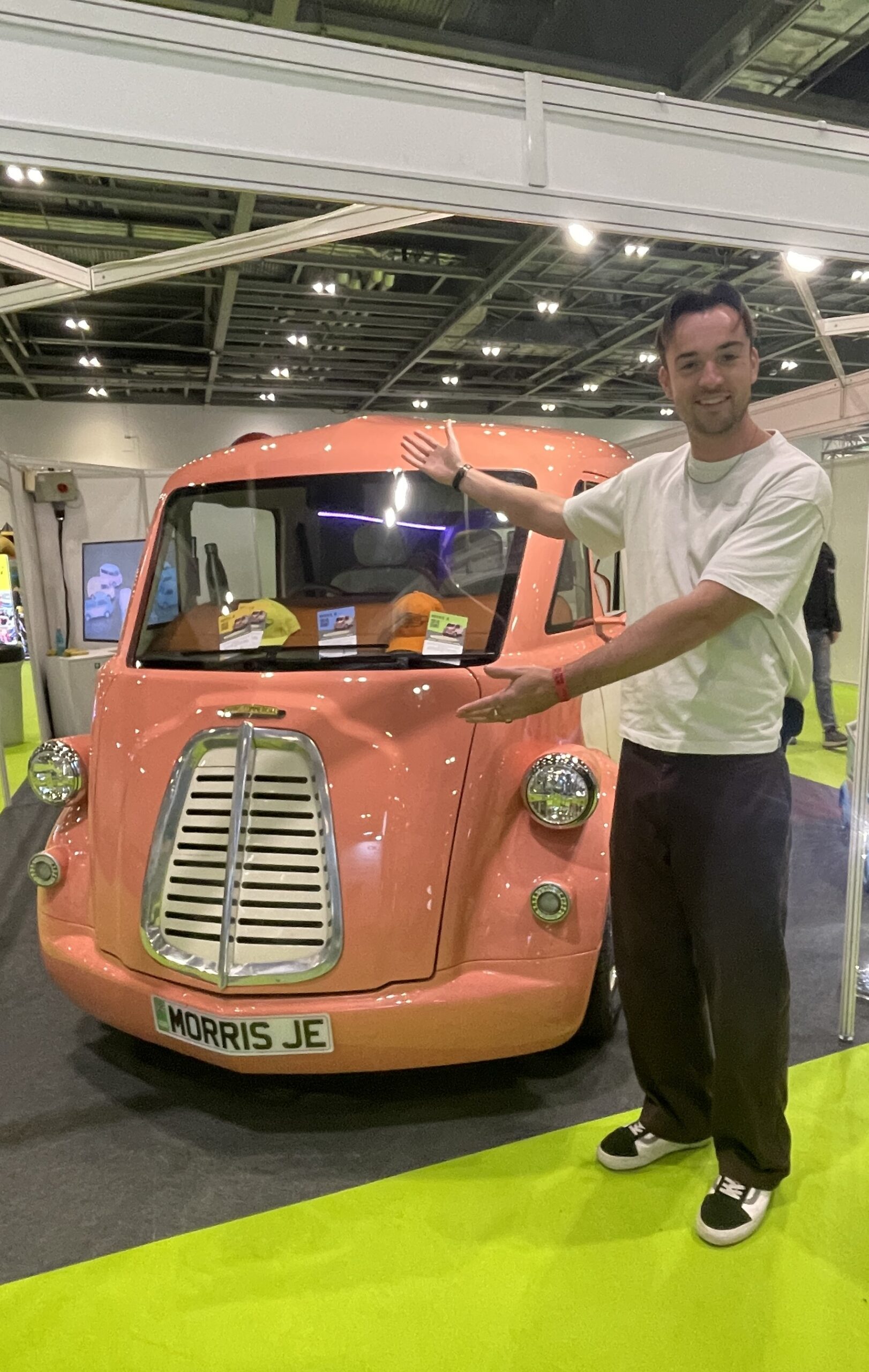 The Morris JE at Everything Electric Fully Charged Show London Excel Centre with Jack Scarlett a Fully Charged Presenter